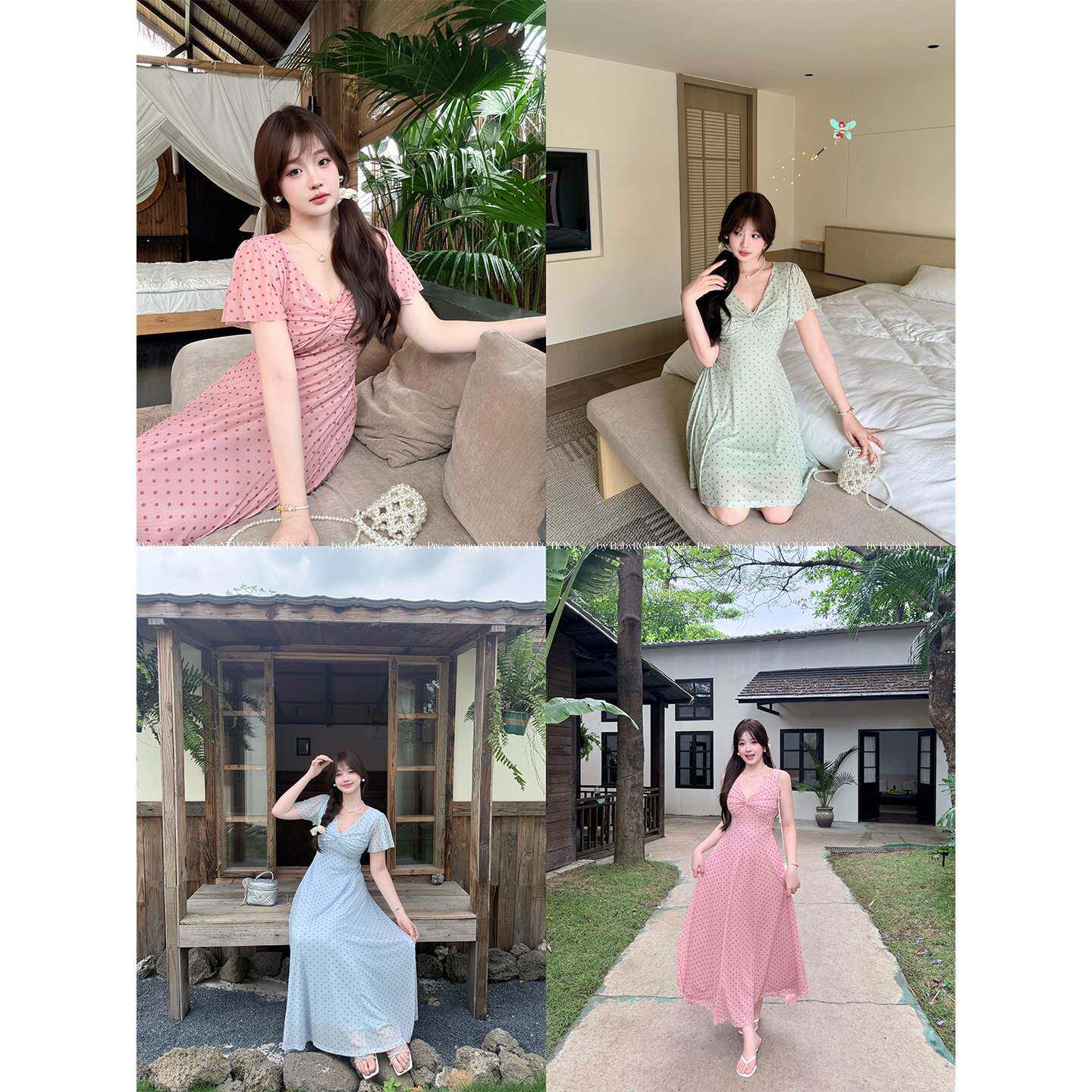 温与柔【暮色烟波】春季甜美温柔仙气波点吊带收腰女装连衣裙