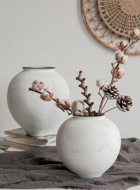 日式复古做旧陶瓷月亮瓶高级肌理感客厅插花装饰民宿摆件白色花器