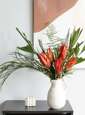 进口红色雪莲花干花花束高级感真花居家装饰陶瓷客厅摆设红花绿叶