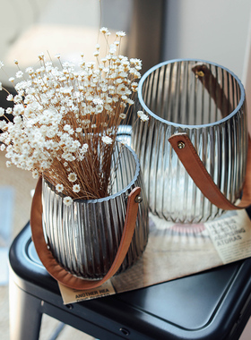 北欧轻奢皮革手提玻璃花瓶灰色条纹创意客厅桌面插花干花容器摆件