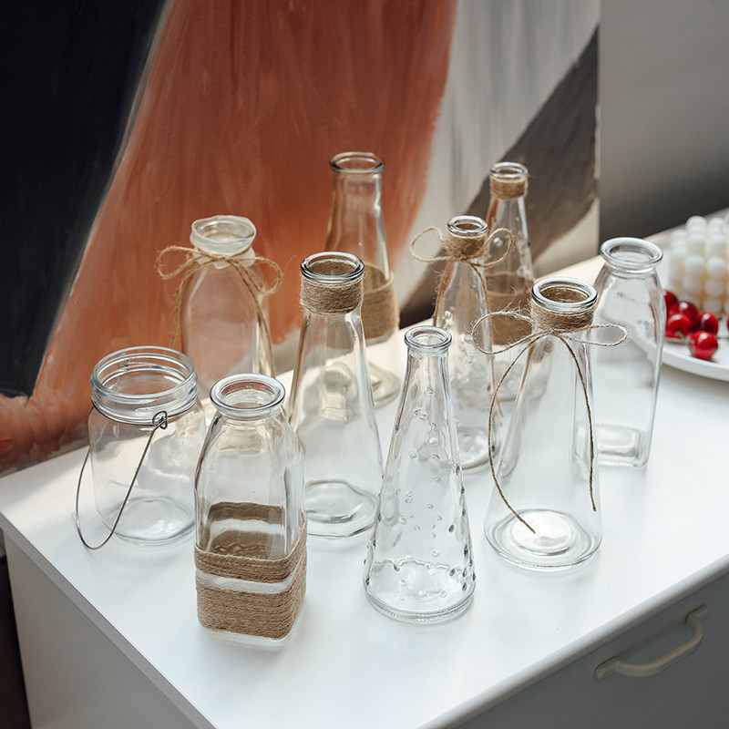 zakka手工迷你小麻绳花瓶玻璃瓶子diy干花花瓶小清新透明创意水培