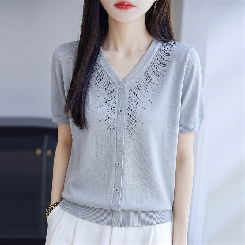 经典桑蚕丝V领短袖T恤针织开衫女夏烫钻显瘦气质上衣冰丝妈妈装