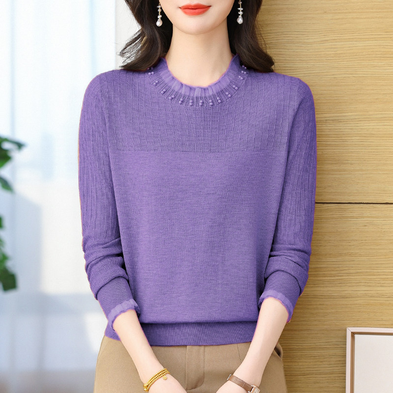 春装新款长袖桑蚕丝T恤钉珠针织衫女洋气蕾丝镂空妈妈装打底上衣