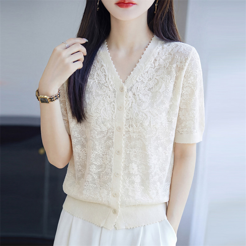 浪漫蕾丝风桑蚕丝V领短袖开衫女夏季薄款高级感针织上衣夏季新款