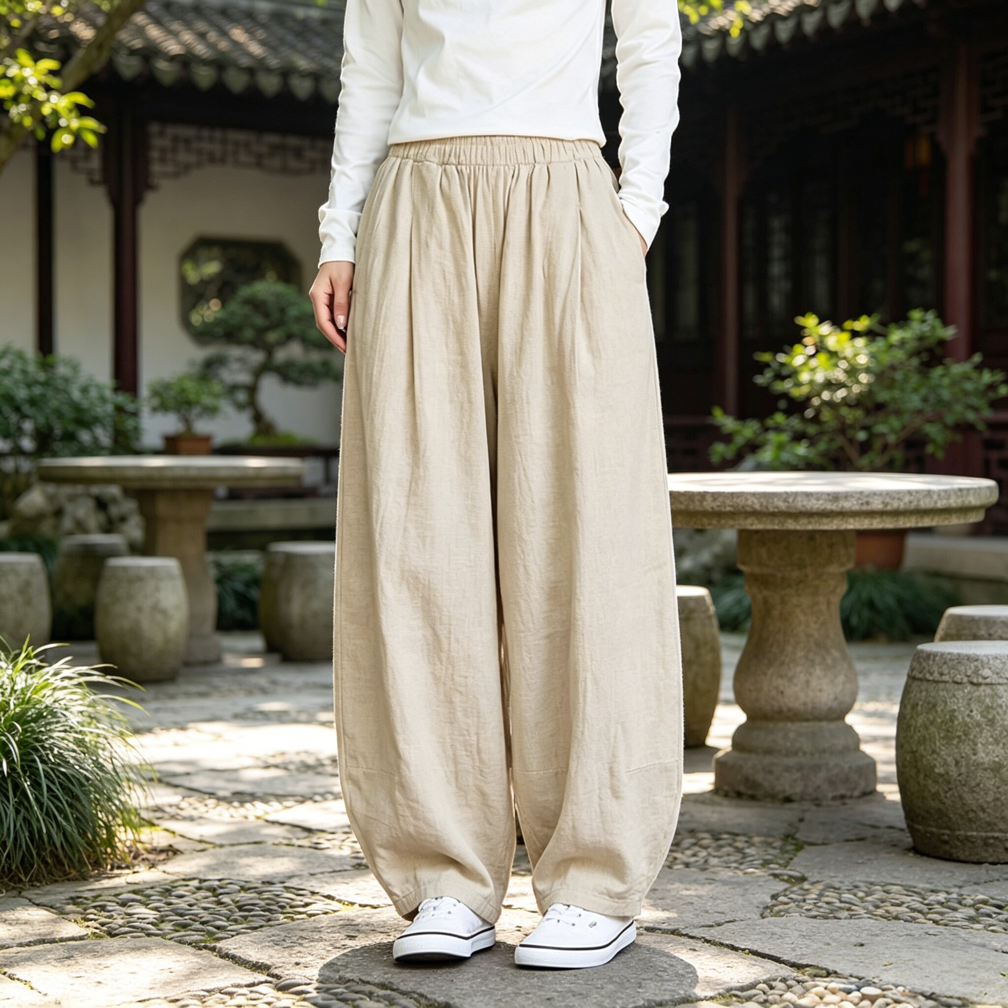 武唐记棉麻太极腿裤女春夏纯棉太极裤宽松灯笼裤国风女款练功裤
