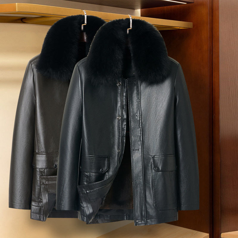 2024爸爸冬装皮衣加绒加厚大码中老年男中长款棉袄可脱卸内胆爷爷