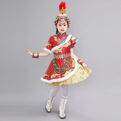 藏族民族舞台独唱表演服红原卓卓玛中童快乐阳光儿童演出服