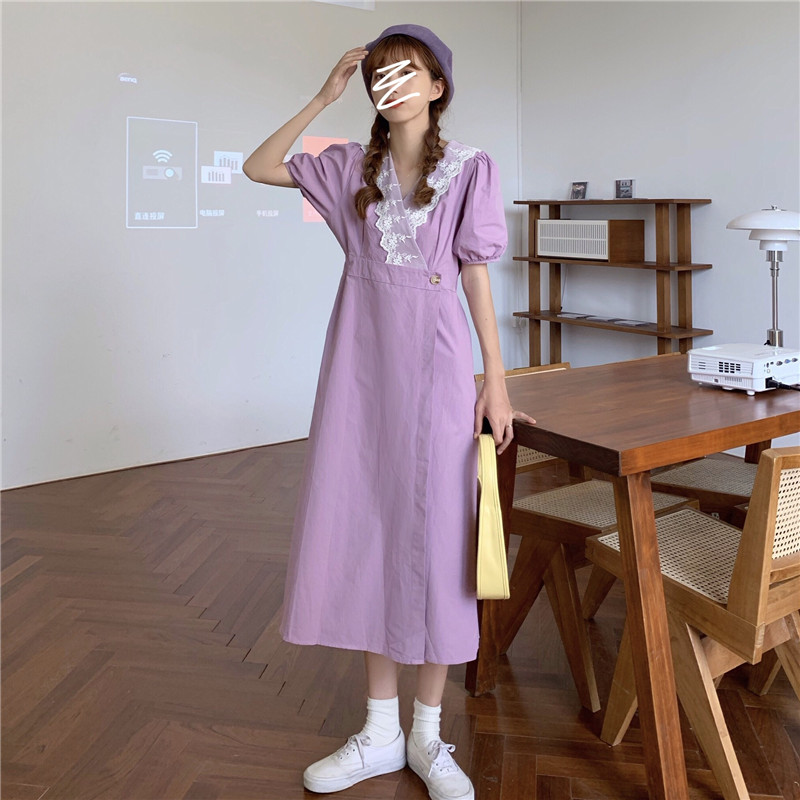 Real photo real price French small lace V-neck short sleeve purple temperament close waist dress
