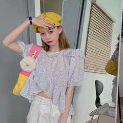 Real price new French Ruffle sweet chic top foreign style design sense floral shirt women's wear