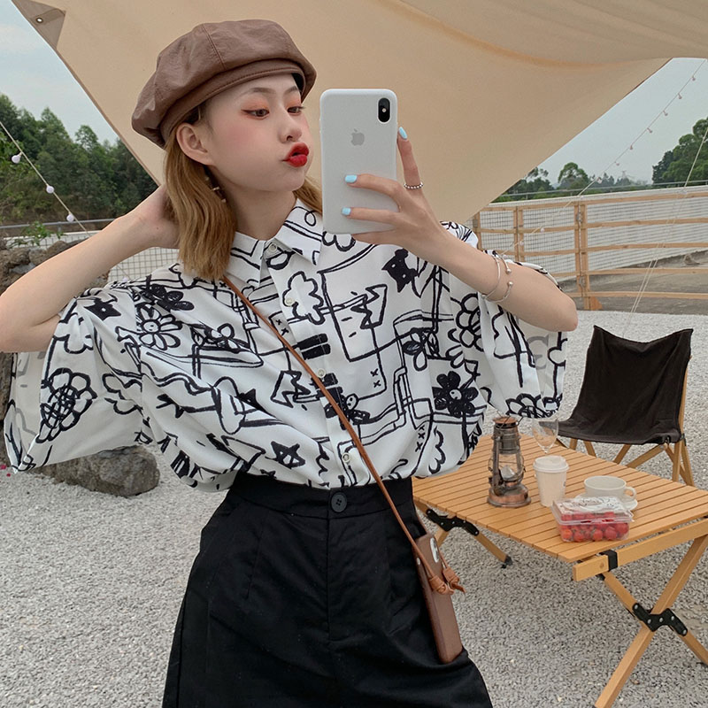 Korean loose Print Shirt retro casual shirt
