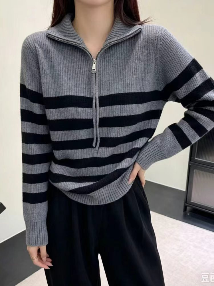 2026新款气质翻领长袖小个子女高级感显瘦宽松休闲内搭上衣潮条纹