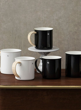 日本GSP燕印复古手工搪瓷户外咖啡杯白色日式马克杯 防滑防烫藤编