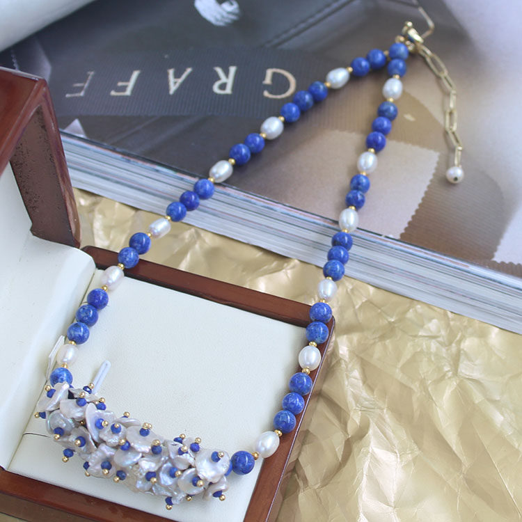 天然青金石淡水珍珠花朵盛开项链