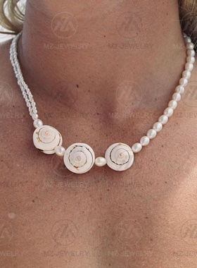 设计风天然贝壳淡水珍珠项链时髦