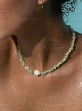 绿色石头淡水珍珠清新气质锁骨链