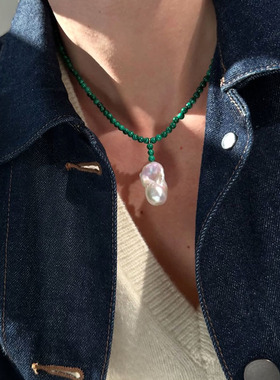 欧美小众轻奢天然孔雀石珍珠项链