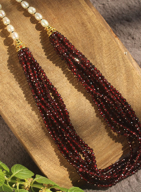 高级感天然酒红石榴石多层奢华大气礼服锁骨项链珍珠短毛衣链优雅