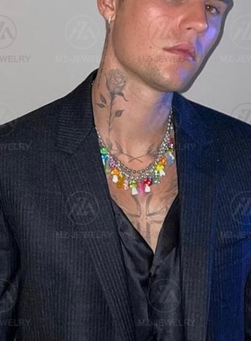 彩色蘑菇小熊流苏吊坠项链