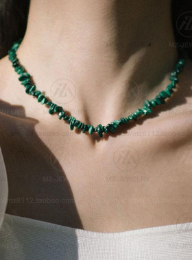 小众复古绿色天然孔雀石项链