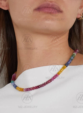女天然祖母绿彩色蓝宝红宝石项链