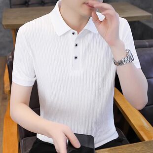 欧货AN&LV/岸绿短袖冰丝t恤男士树皮纹潮牌打底衫夏季新款翻领Pol