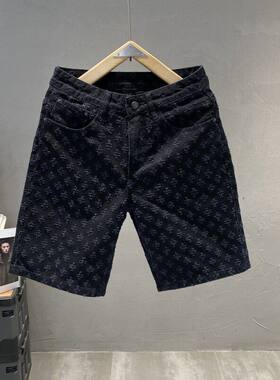 欧货AN&LV/岸绿潮牌美式复古水洗提花牛仔短裤男夏季黑色直筒阔腿