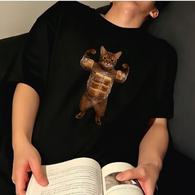 面包肌肉阿比西尼亚猫 创意搞笑设计印花纯棉短袖日常休闲T恤男女