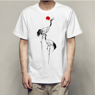 T恤男宽松情侣装 中国风复古民族风印花仙鹤图案短袖 2020新款 夏季