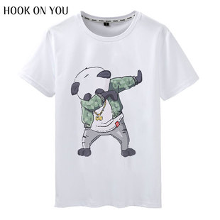 熊猫战士男T恤夏季新款印花圆领莫代尔棉短袖白色T恤衫潮
