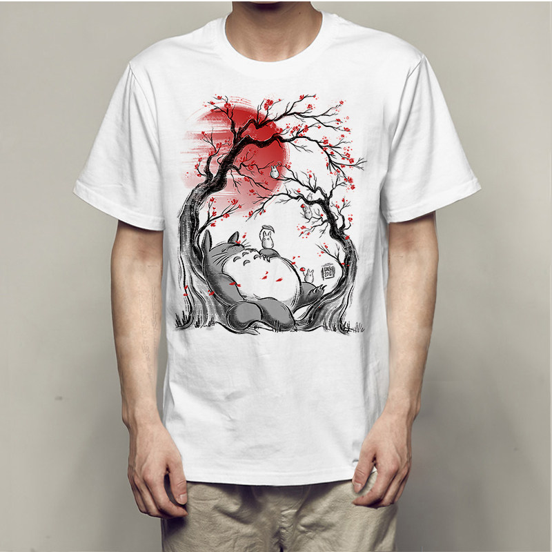新款日式可爱清新宫崎骏龙猫水墨画樱花人物集合短袖t恤男女日漫