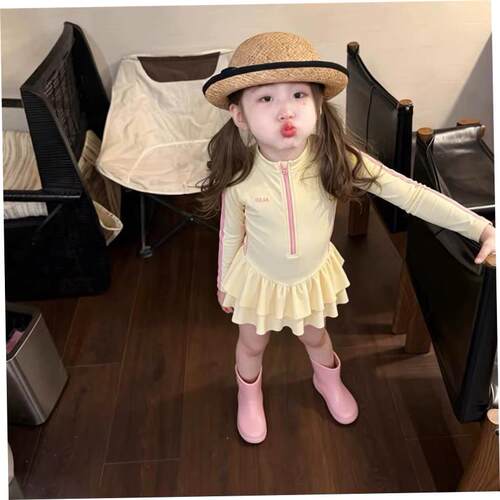 女童韩版花边长袖连体泳衣夏季2026新款儿童女孩薄款多巴胺游泳装