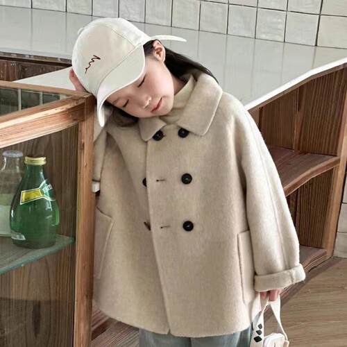 韩系秋冬女童双面羊绒短款大衣