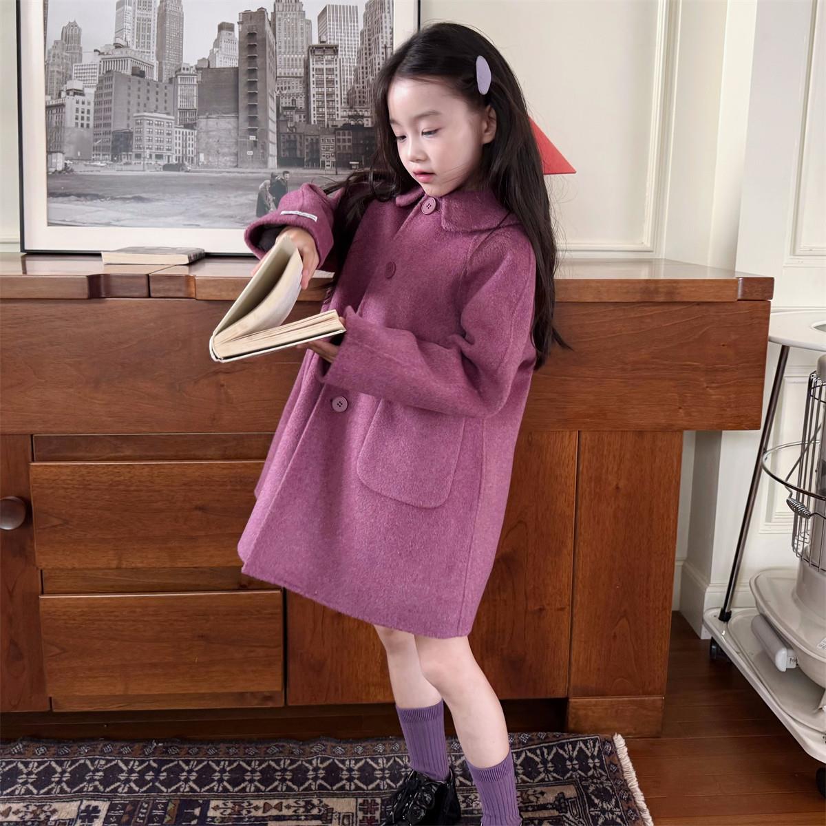 女童羊绒大衣双面羊绒毛呢大衣中长款百搭蔓越莓毛呢外套纯色图片