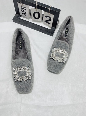 仙女风水钻方扣加绒平底毛毛鞋女2026秋冬新款方头外穿灰色豆豆鞋