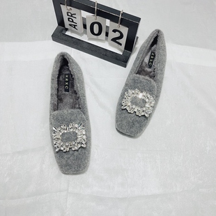 仙女风水钻方扣加绒平底毛毛鞋女2026秋冬新款方头外穿灰色豆豆鞋