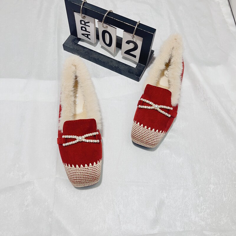 法式气质珍珠加绒保暖软底单鞋女