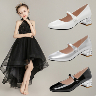 女童银色皮鞋儿童高跟鞋公主水晶鞋黑色钢琴走秀演出鞋配礼服鞋子