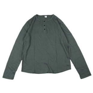 外贸男扣子领百搭打底衫 军绿色华夫格纯色透气亨利领长袖 t恤