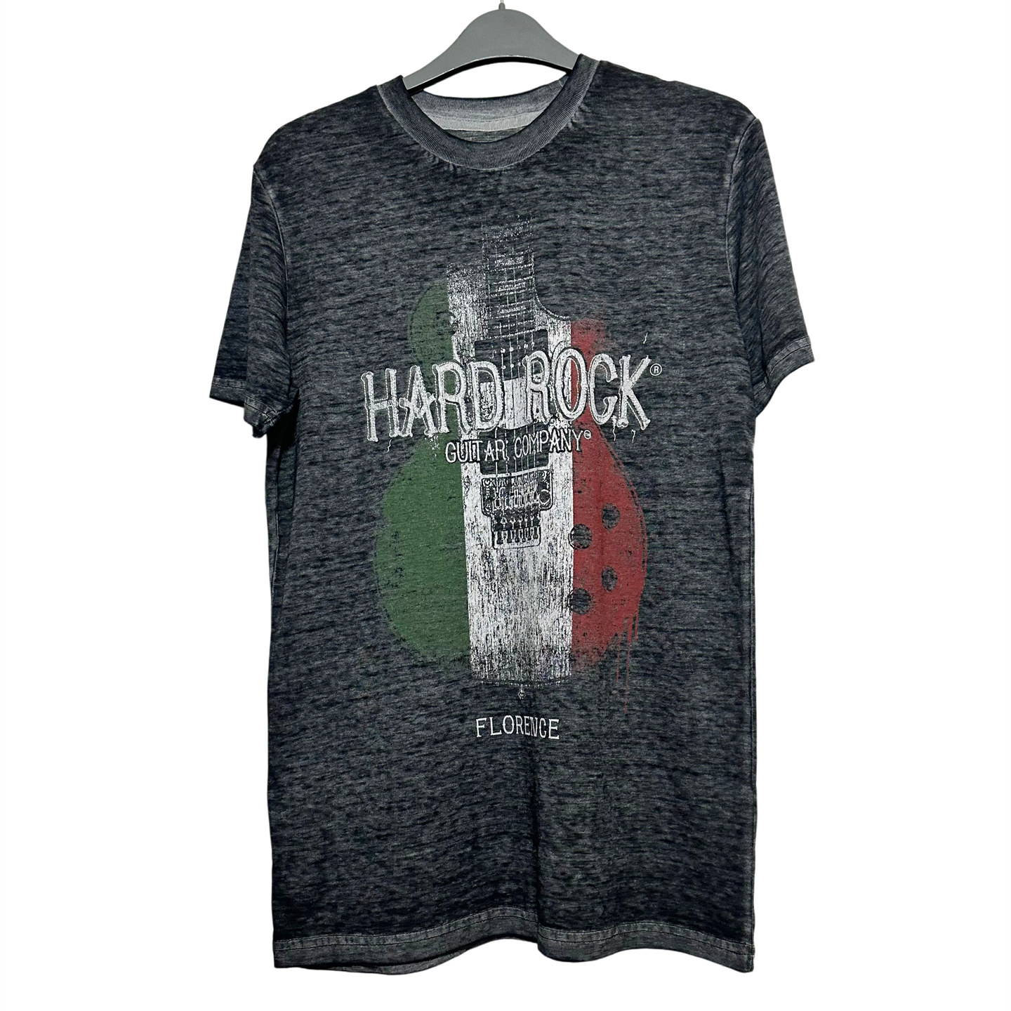 绿白吉他硬石摇滚短袖 外贸男复古水洗做旧印花圆领t恤上衣