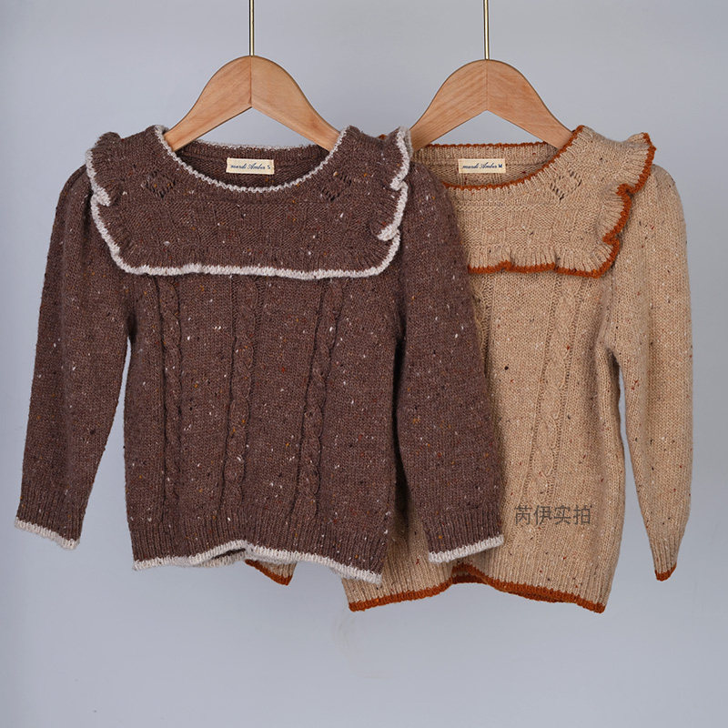 韩国进口AM儿童大花边圆领秋冬羊毛毛衣 女童海军风长袖麻花绒衫