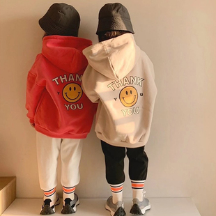 韩国进口秋冬男女童加绒加厚笑脸小鹿连帽长袖卫衣收口打底裤长裤