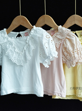 韩国进口puell女童夏薄纯棉蕾丝V领淑女休闲短袖T恤