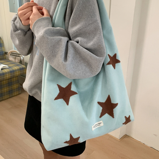 韩系简约大容量星星刺绣单肩包女2025新款大学生慵懒风通勤托特包
