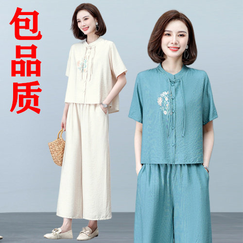 2023年冰丝麻国风刺绣套装两件套