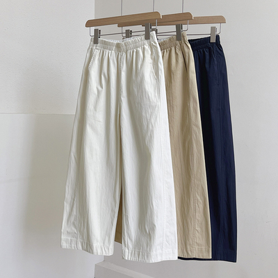 水洗棉松紧高腰全包边休闲裤女春夏新款百搭显瘦阔腿纯色九分裤