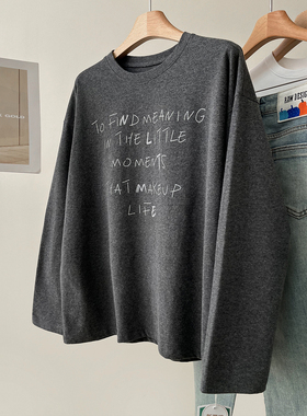 韩版简约字母印花长袖T恤女早春新款显瘦宽松慵懒风打底衫上衣