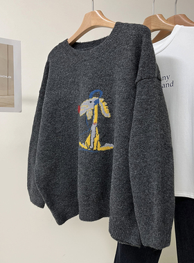 韩版复古深灰色卡通小狗针织衫女秋冬季新款宽松圆领毛衣百搭上衣