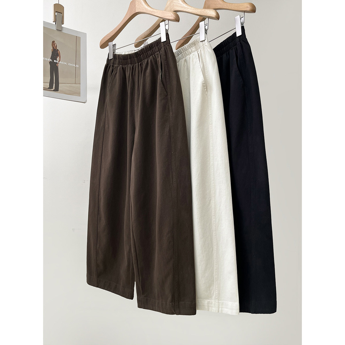 水洗斜纹纯棉显瘦高腰阔腿休闲裤女春季新款松紧腰侧缝百搭九分裤