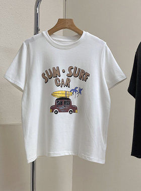 PP家 百搭复古汽车卡通印花宽松显瘦灰色短袖打底衫T恤女半袖上衣
