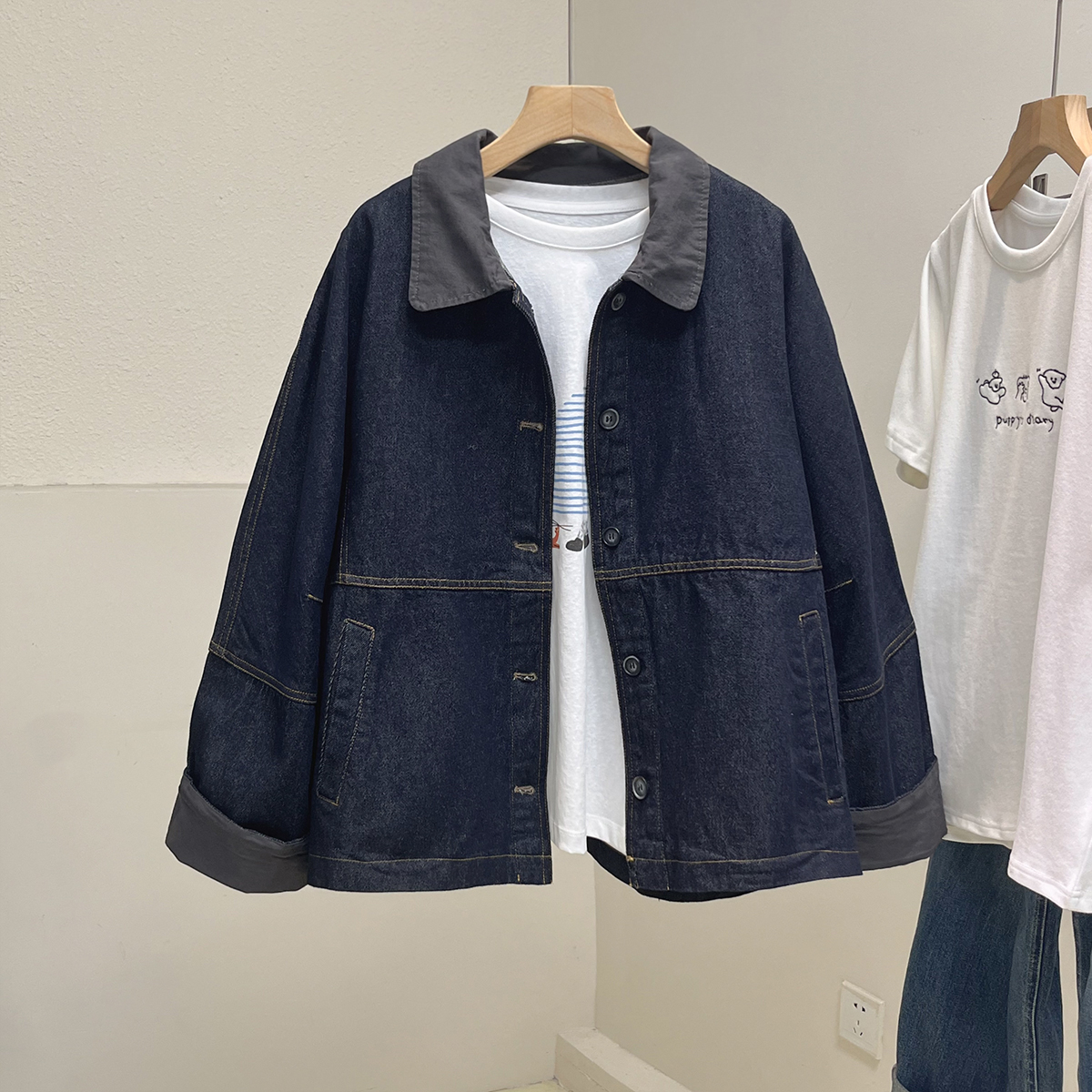 复古撞色翻领深蓝色牛仔外套女秋季韩系宽松休闲小个子夹克上衣